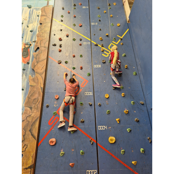 Alt text: Two girls, wearing harnesses and climbing up a very high climbing wall, side by side. 